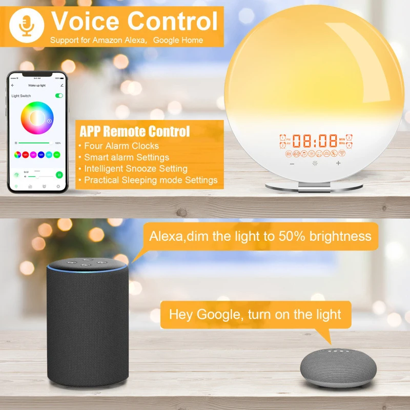 WiFiWireless Control Smart Wake-Up Alarm Clock Multifunctional Tap-Timer for Sleep and Wake-Up with Colorful Night Light