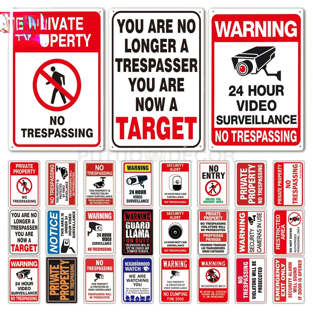No Trespassing Blechschilder, Videoüberwachung, Warnschild, Metallwandkunst, Poster, Hof, Eisen, Malerei, Aufkleber, Heimdekoration