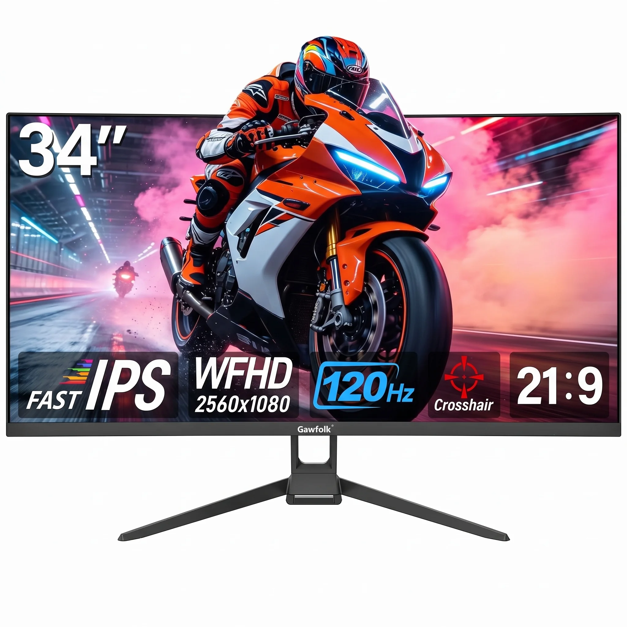 Monitor de juegos ultraancho plano Gawfolk de 34 pulgadas, 21:9 120Hz IPS 2560x1080, sincronización adaptativa, anti-luz azul, doble HDMI