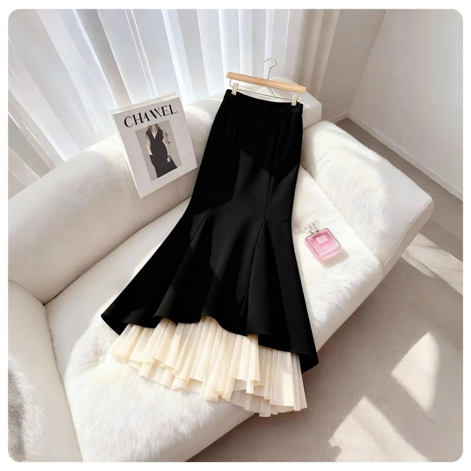 Style Elegant Goddess Black Patchwork Mermaid Midi Skirt For Women High-End Exquisite Draped Fall Winter New