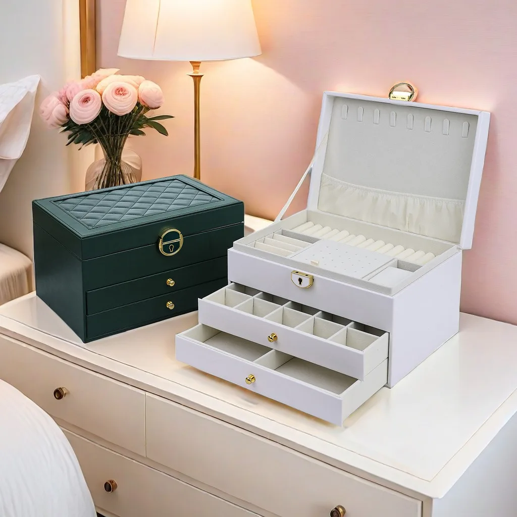 

Jewelry Box with Diamond Grid Pattern Multi functional Three layer Drawer Jewelry Box Jewelry Storage Display Packaging Box