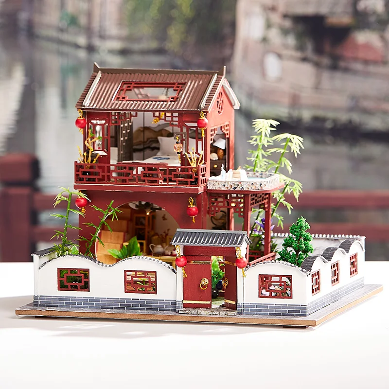 Diy Wooden Doll House Miniature Building Kit Chinese Ancient Loft Furniture Led Lights Dollhouse Toys For Children Birthday Gift