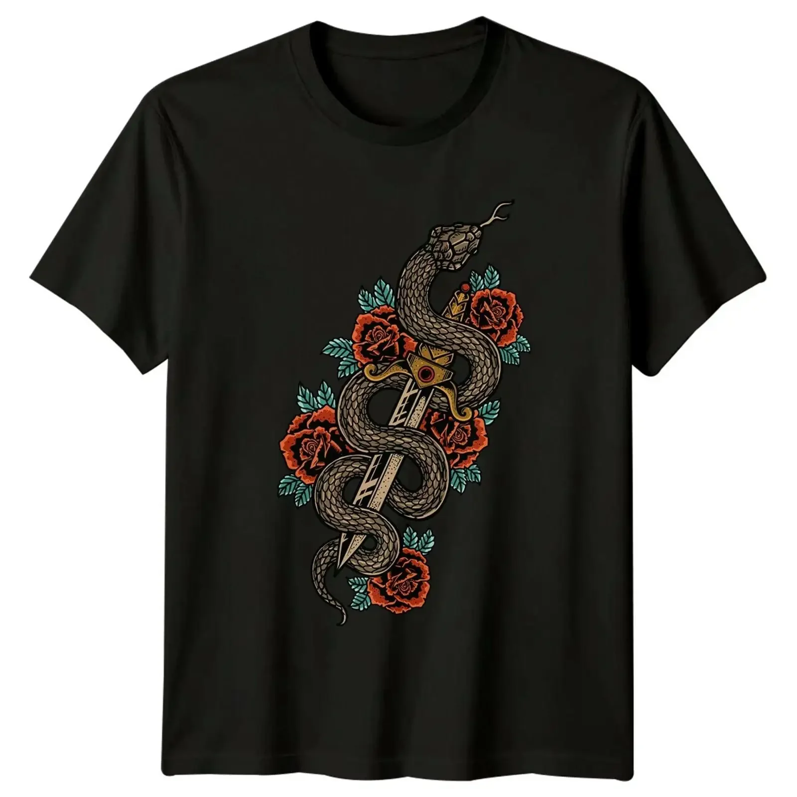 Snake Wrapped Sword Rosen Tiere Herren T Shirt Damen Grafik Oberteil vintage Washed Versatile Slightly homme Casual Breathable