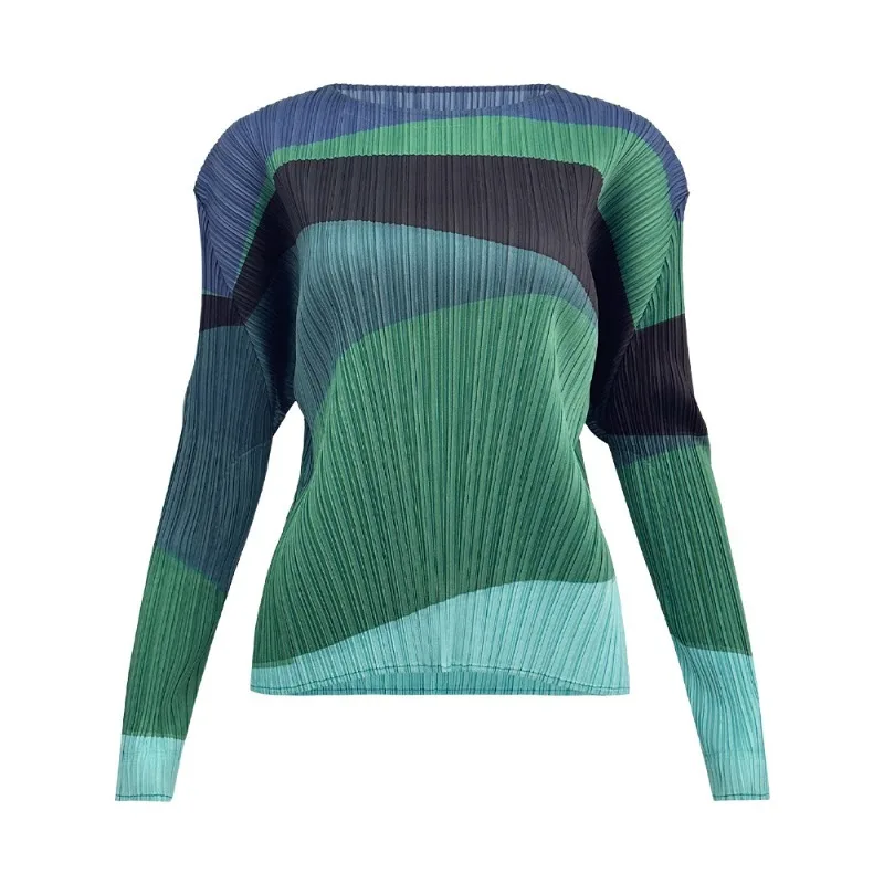 Miyake Pleated Long Sleeve Women's Top 2026 Autumn New Color-Block Print Round Neck Short Non-Iron Stretchy Draped T-Shirt