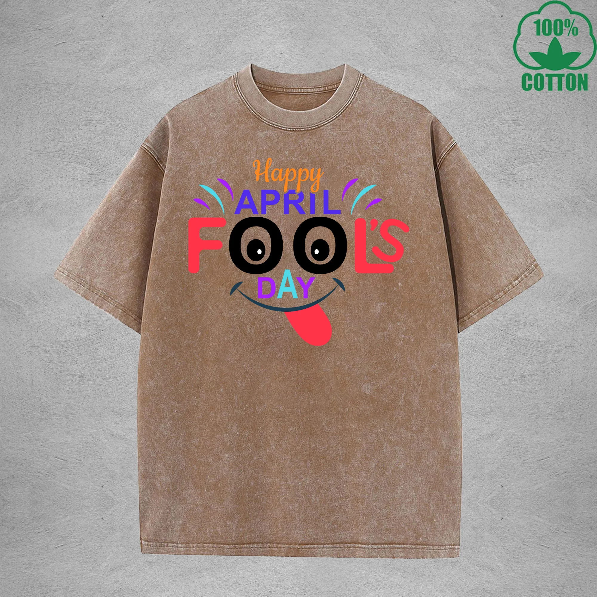 Happy April Fool Days Interest Printed Washed T-Shirt 230G Multicolor Loose Trendy Fashionable 100%Cotton Short Sleeve Top