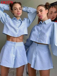 OOTN Gingham Lantern Sleeve Tops Sets Female Crop Top Shirt High Waist Shorts Two Piece Set Elegant Short Suits Women 2023 Fall