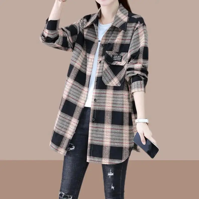 Spring Autumn New Street Casual Loose Plaid Blouse Long Sleeve Polo Neck All-match Shirt Tops Vintage Fashion Women Clothing