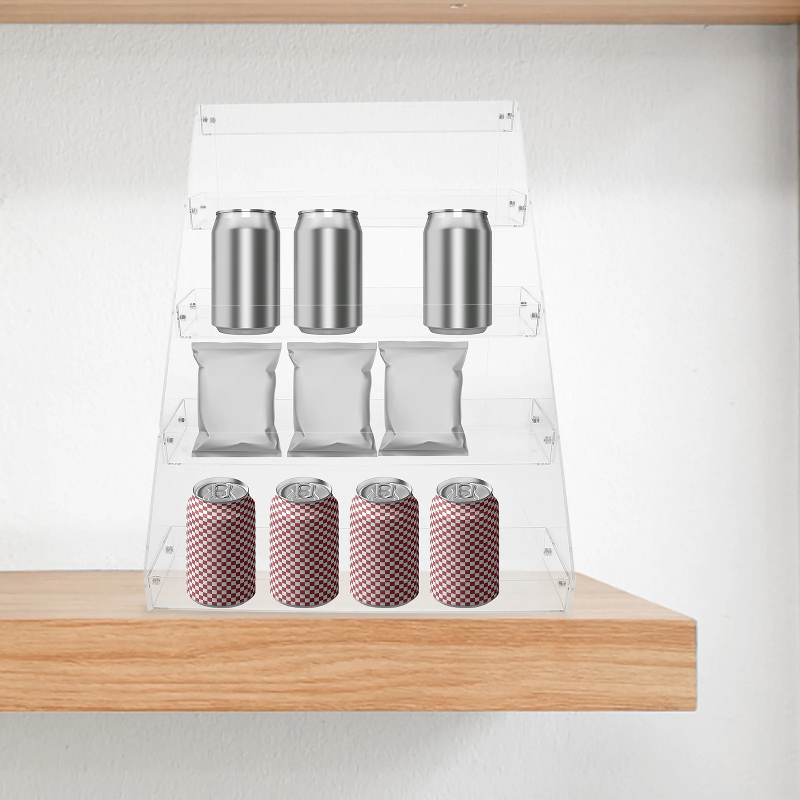 

Multi-Tier Acrylic Drinks Display Rack Clear Storage Shelf for Retail Shop Counter Space Optimization and Product Presentation