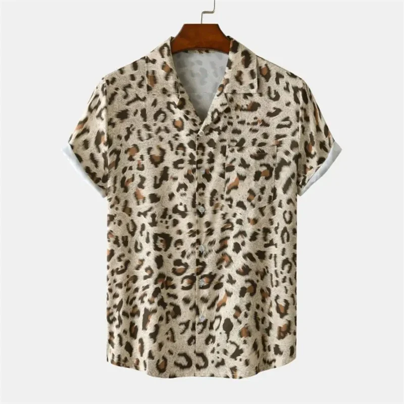 Summer 3D Leopard Print Shirts For Men Clothes Casual Vacation Short Sleeve Streetwear Button Clothing Mens Lapel Blouse Tops