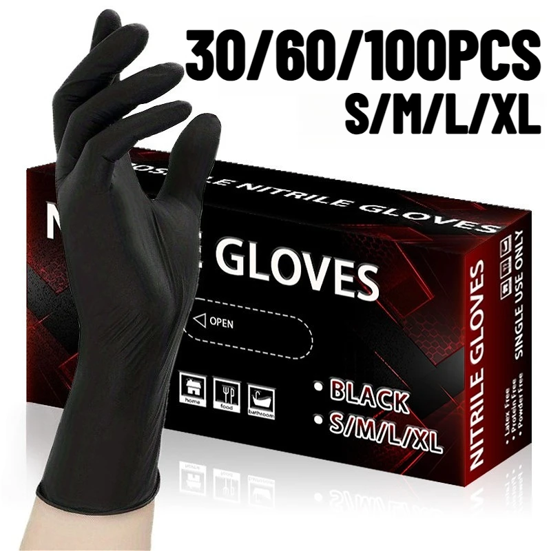 30/60/100PCS Black Nitrile Gloves Home Bedroom Bathroom Restaurant Vegetable Fruit Cleaning Disposable Household Gloves