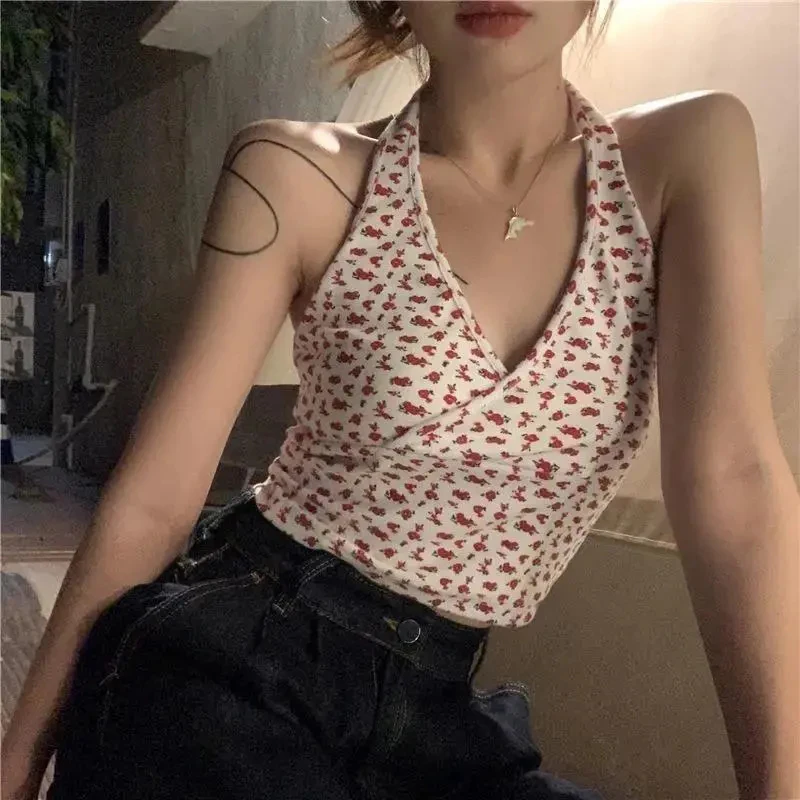 Gidyq Camis Tanks Women Sexy Fashion Chic Floral Crop Top Ladies Sweet Harajuku Streetwear Slim Fit Backless Crop T Shirt New