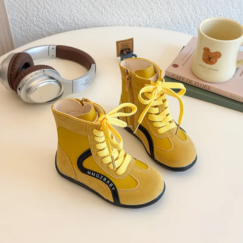 Kids Lace Up Zip Shoes Short Girls Boy Boots Sneakers 2025 Autumn Fashion Children's Non-slip Booties Patchwork Trainers 27-36