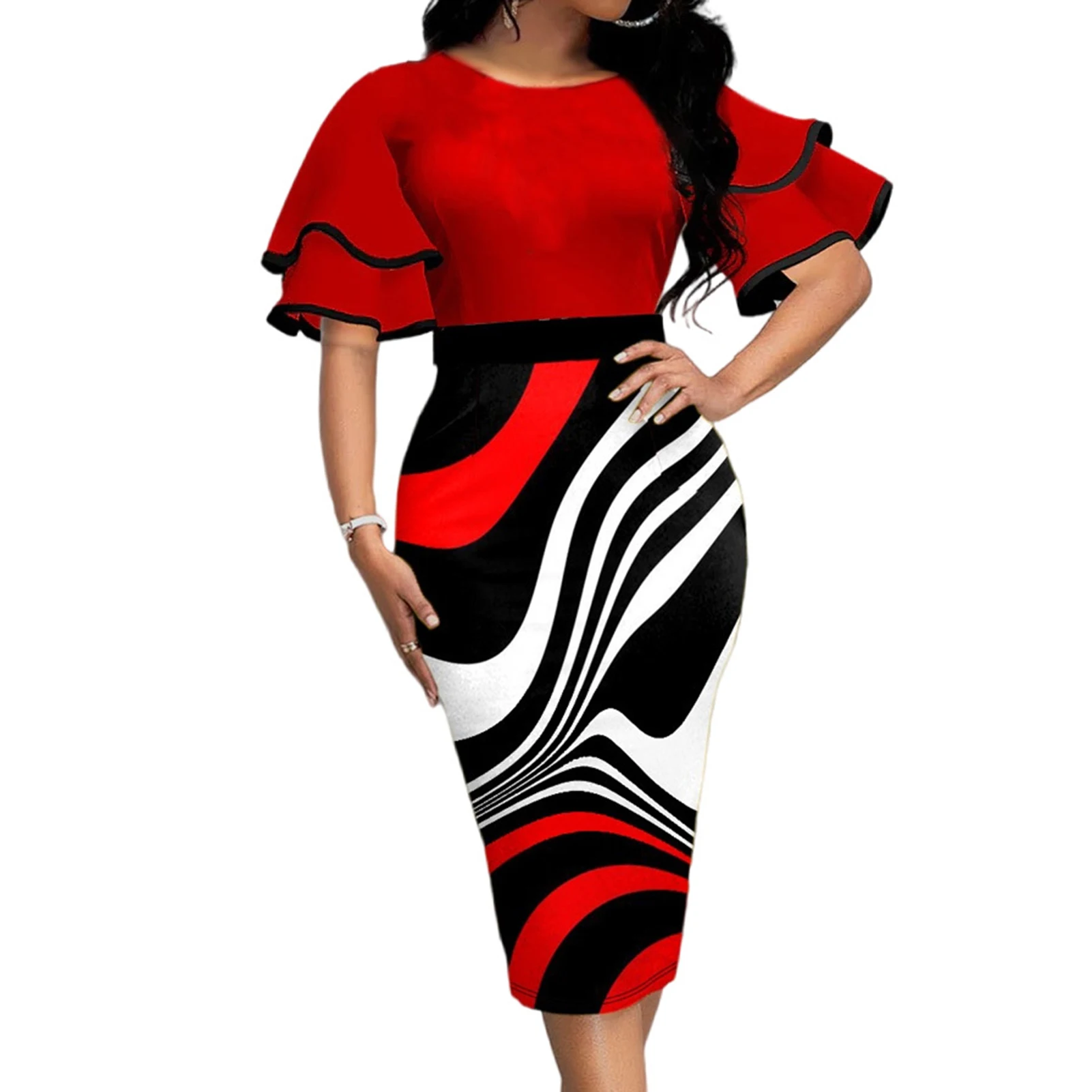 

Women's Bodycon Dress Layered Flared Sleeve Printed Slim Dress Suitable for Daily Shopping Out