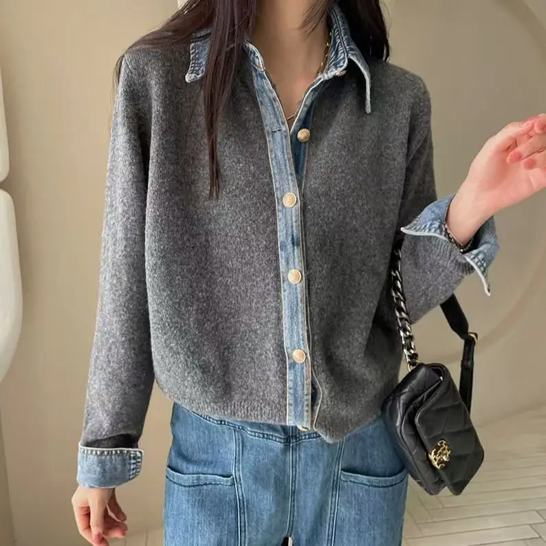 

Denim Patchwork Fake Two-Piece Sweater Women's Loose Lapel Fashionable Versatile Top Trendy Autumn Winter New Arrival