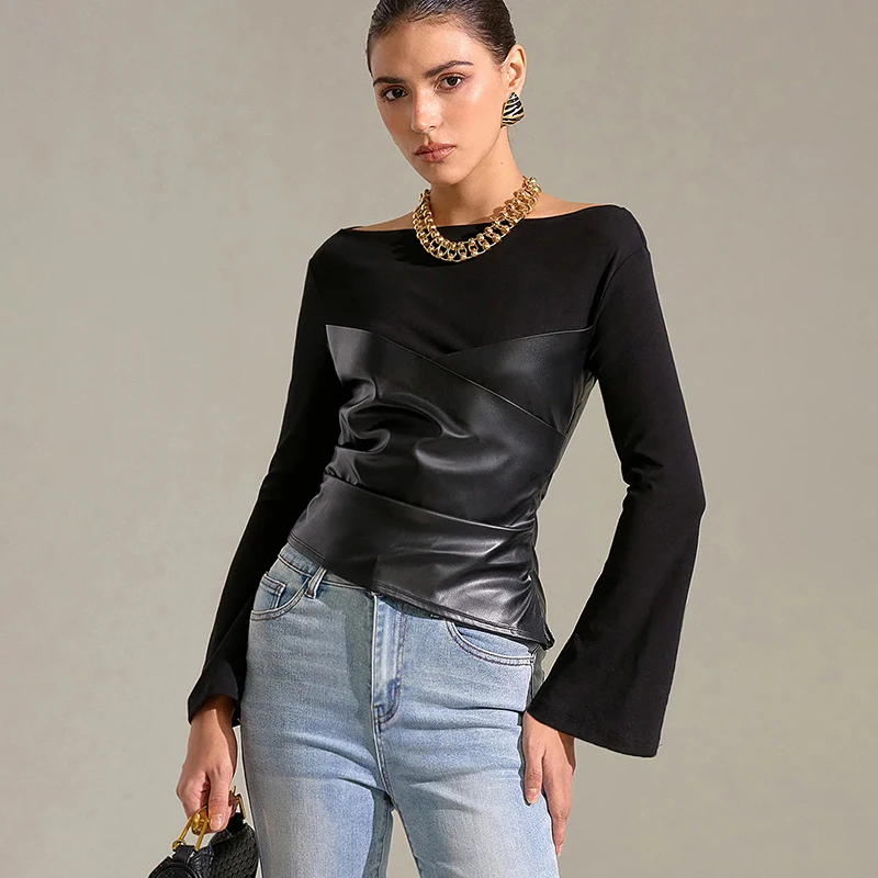 

Female clothing Long Flared sleeve T-shirt leather patchwork top 2025 autumn asymmetrical Slim fit tees downtown elegant blouses