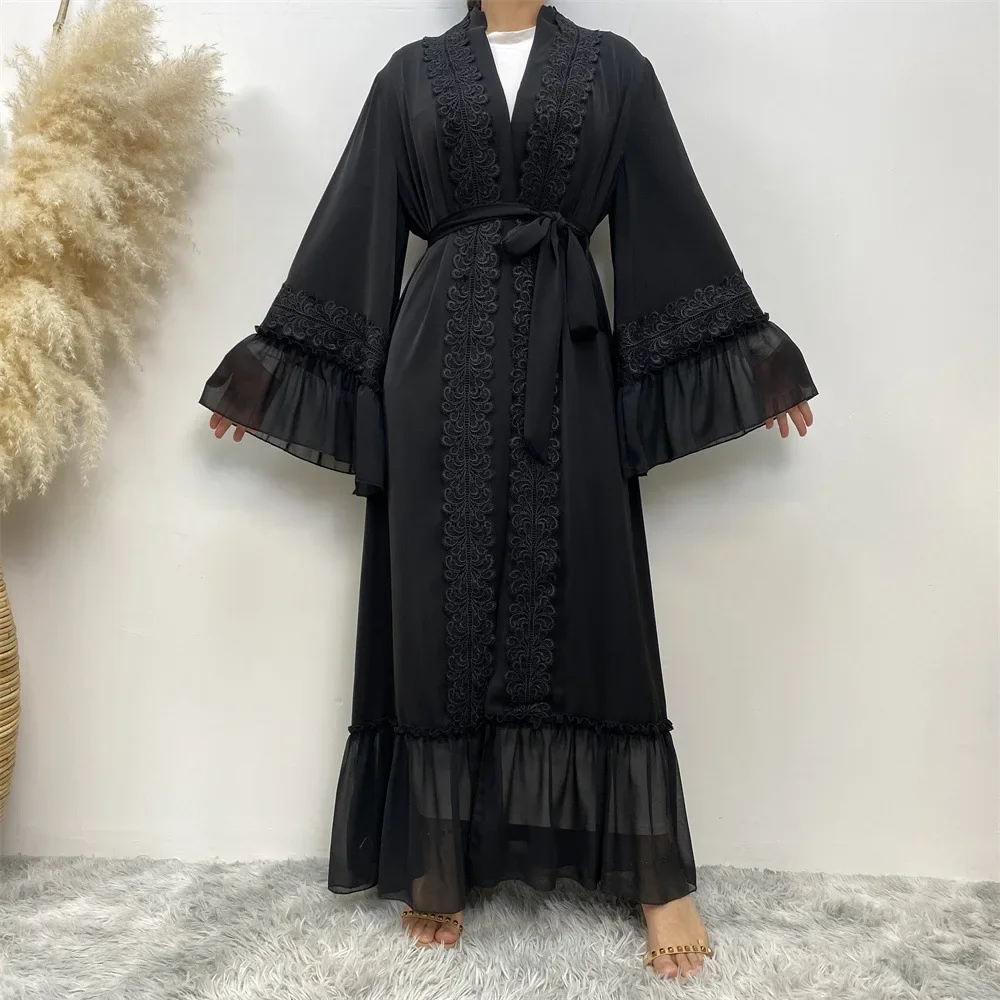 Flor preta bordado aberto abaya dubai turquia kaftan muçulmano cardigan vestidos para mulheres caftan islam roupas para mulheres muçulmanas