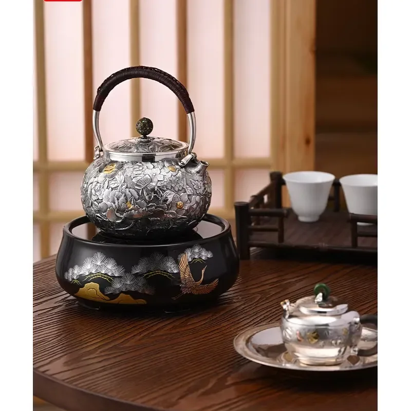High-quality classic hand-hammered sterling silver teapot set, short mouth heat-resistant tea brewer, large-capacity portable