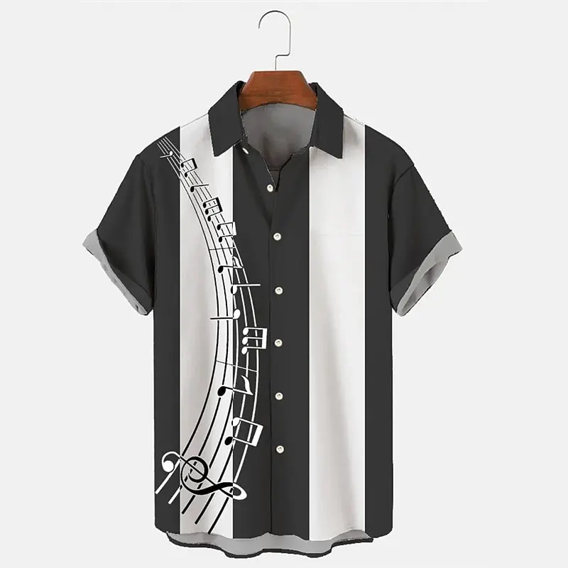 Camisa masculina de manga curta de símbolo musical 3D estampado, cardigã abotoado casual, parte superior de lapela simples listrada aberta