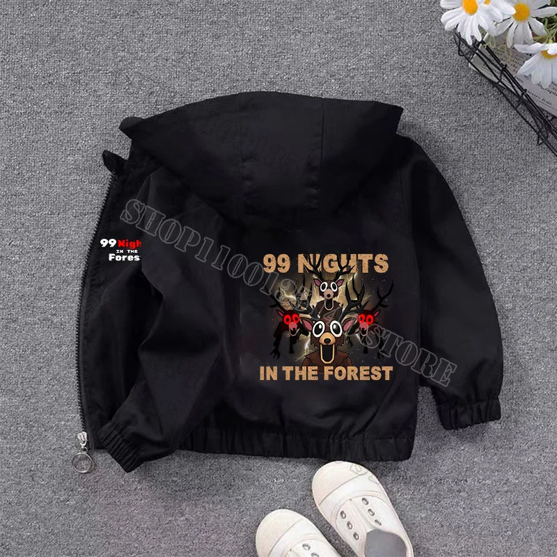 Jaket Lengan Panjang 99 Nights in Forest Boys Jaket Zip Up Berkerudung Motif Game Hitam Keren Pakaian Atasan Tahan Angin Musim Gugur Musim Semi