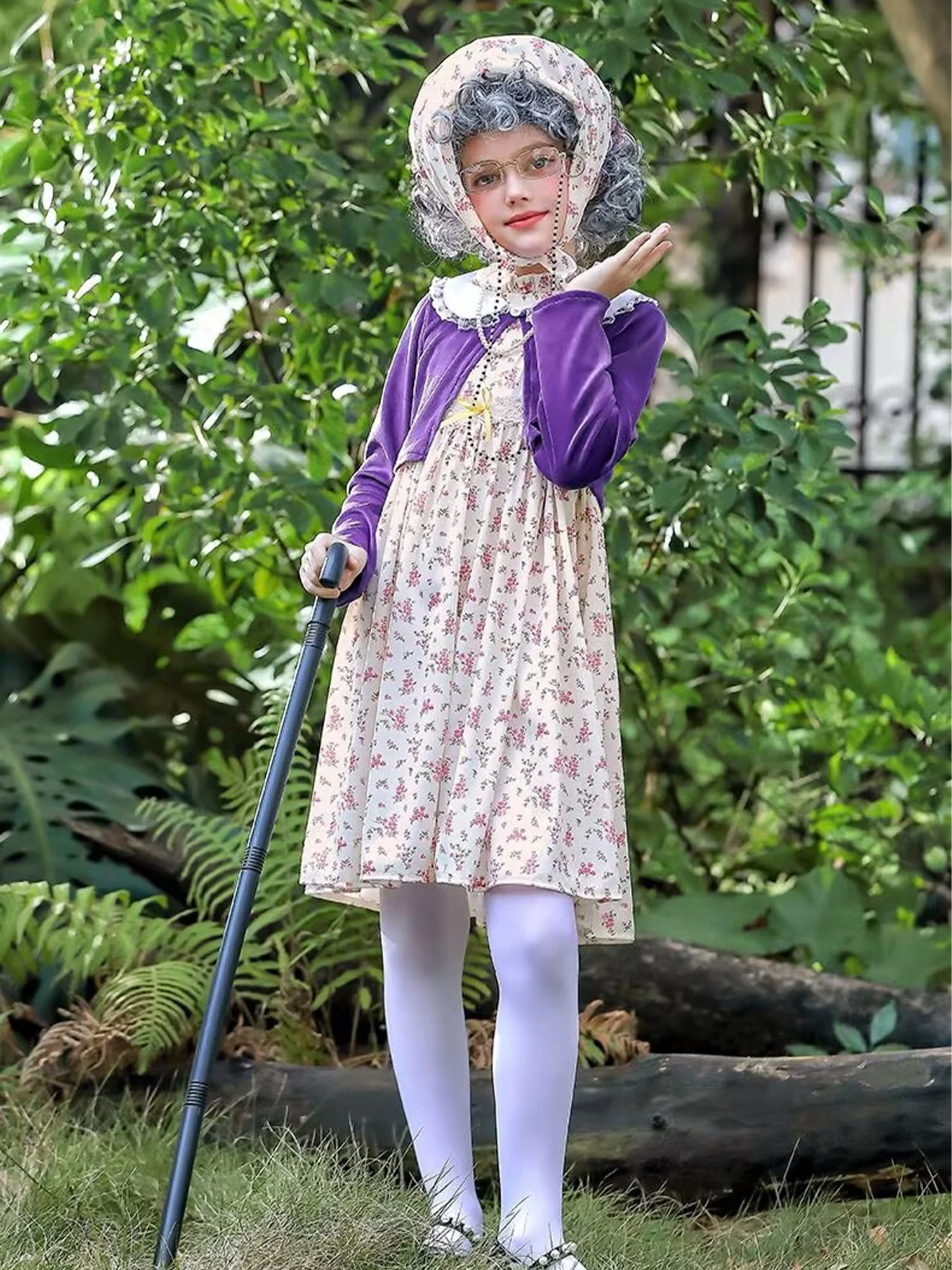 زي الفتيات السيدة العجوز 100 يوم من المدرسة فستان الجدة الجدة 10 قطع شعر مستعار الزي