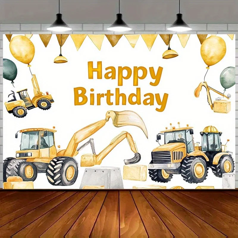 Fond en polyester sur le thème de l'architecture «joyeux anniversaire», conception d'excavatrice et de bulldozer, décoration de fête d'anniversaire, 1 pièce