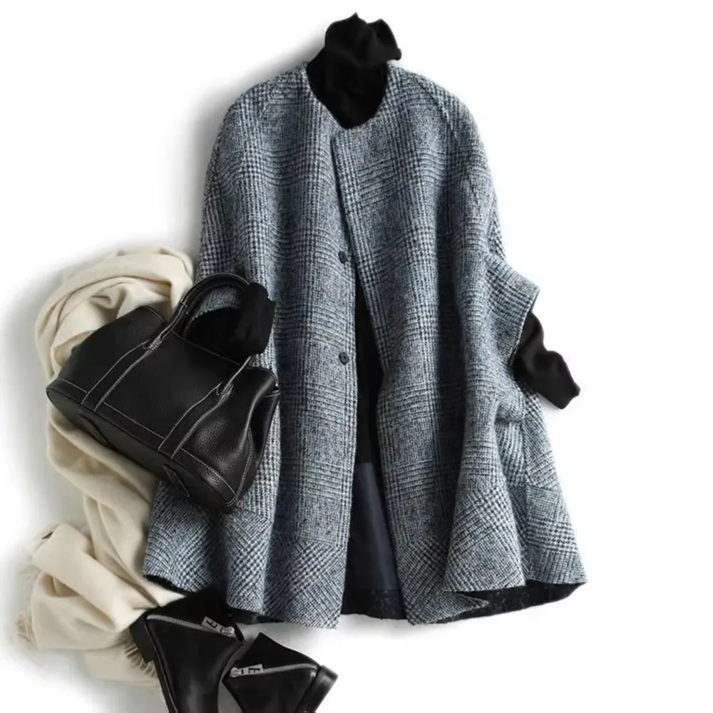 Manteau en laine à carreaux Everak pour femme, veste mi-longue, poncho à boutons, col rond, manches 3/4, élégant, mode automne et hiver