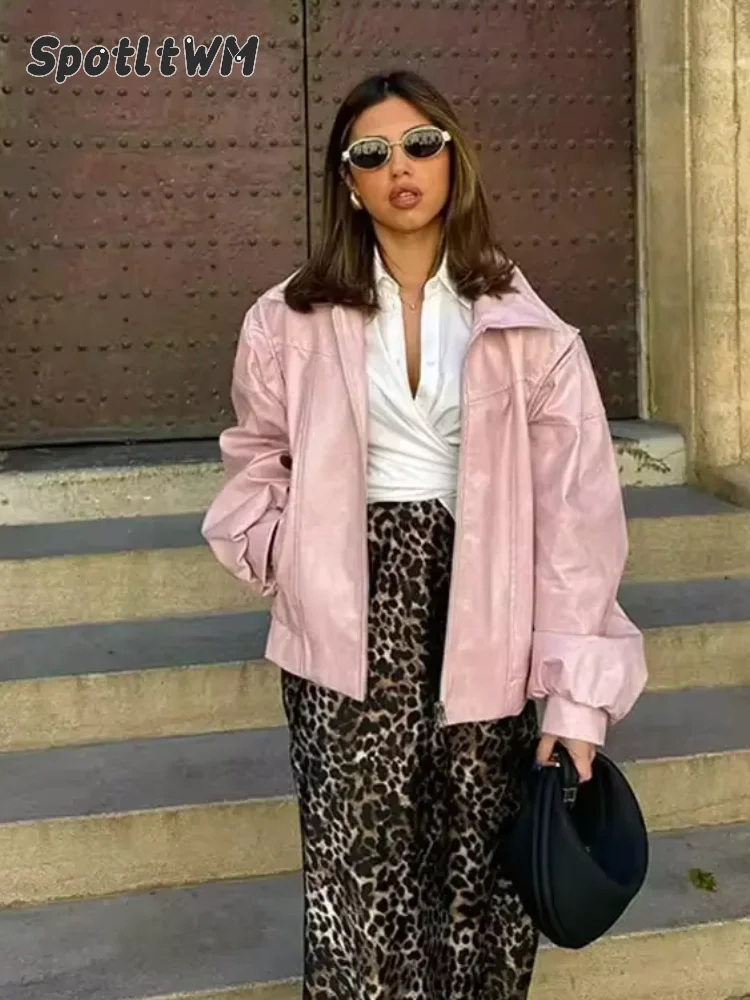 Chaquetas de cuero con solapa y cremallera para mujer, ropa de calle elegante de manga larga con bolsillo, color rosa, 2024