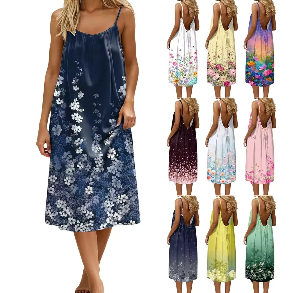 

Women Sexy Beach Vacation Dress Backless Dress Printed Loose Fit Sleeveless Adjustable Short Dress With Straps Casual Dresses