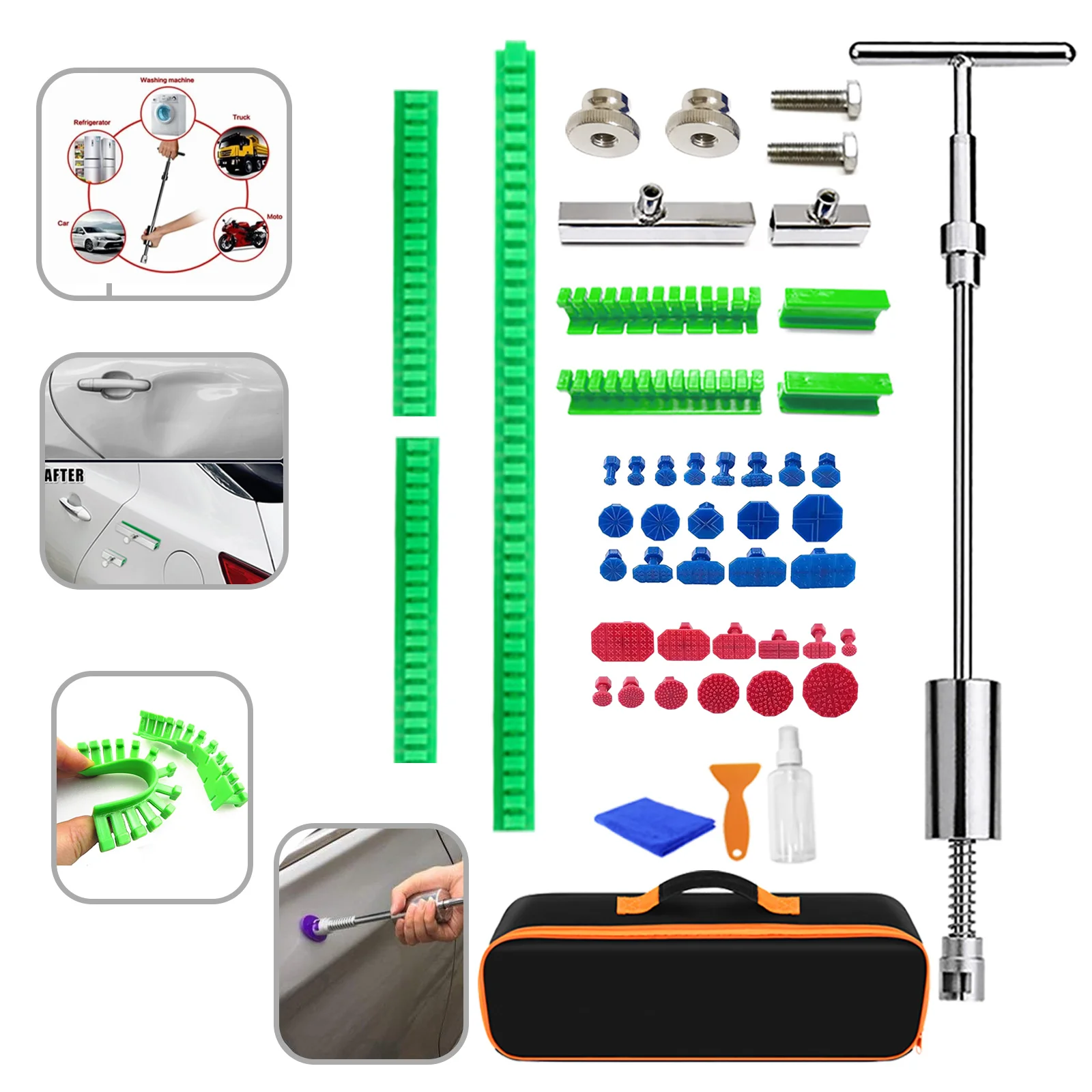 Kit de herramientas de reparación de carrocería sin pintura con barra en T de 48 piezas, Kit de eliminación de abolladuras, herramienta de reparación de removedor en T 2 en 1 para carrocería de automóvil