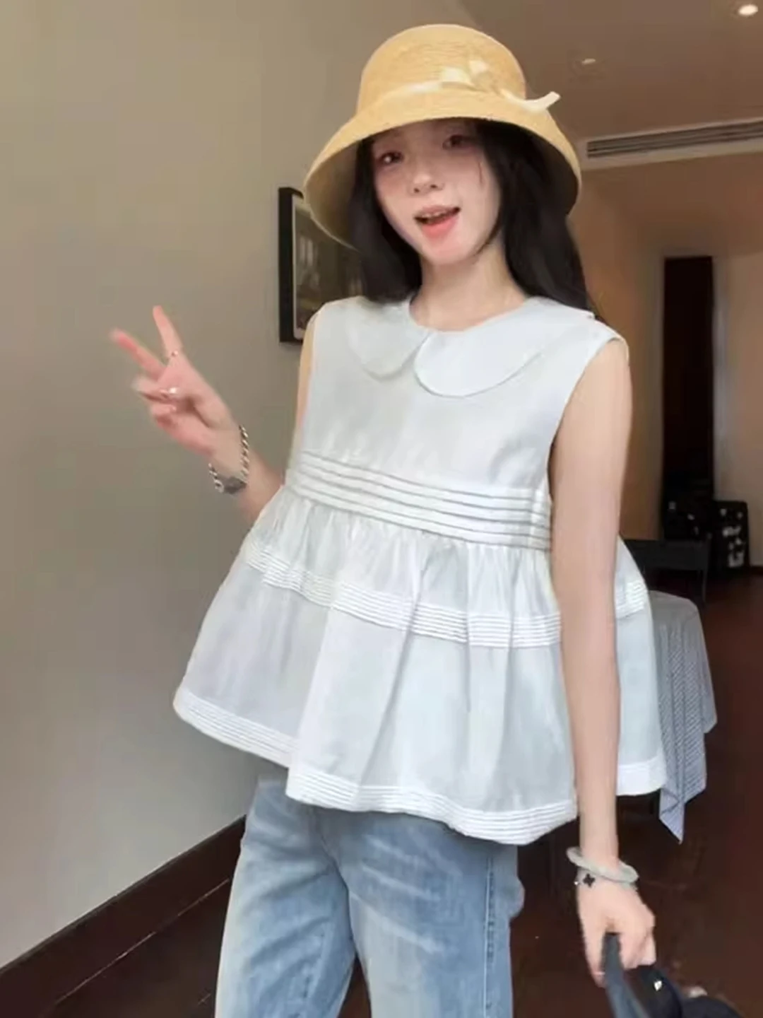 Sweet Doll Kraag Svel irt Dames Zomer 2025, Nieuw ontwerp Veelzijdige top Trendy woon-werkverkeer Sle Loose Fit Kleur