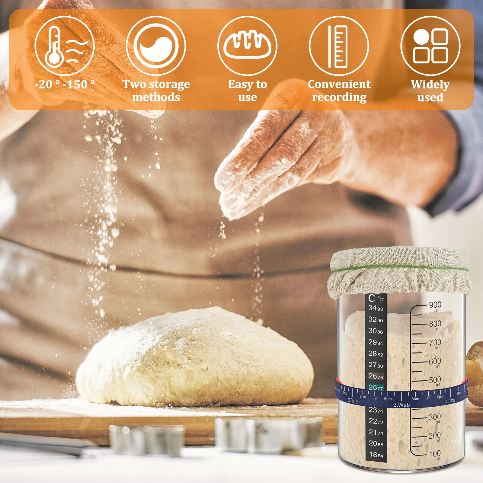 Sourdough Starter Jar Kit 900ml Dough Fermentation Container Wide Mouth Clear Glass Jar for Kitchen Baking Food Storage Tank - view 6