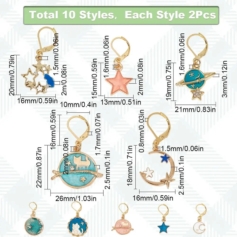 20PCS 1Set Universe Theme Alloy Enamel Star & Moon & Planet Charms Locking Stitch Markers Gold Tone 304 Stainless Steel Clasp