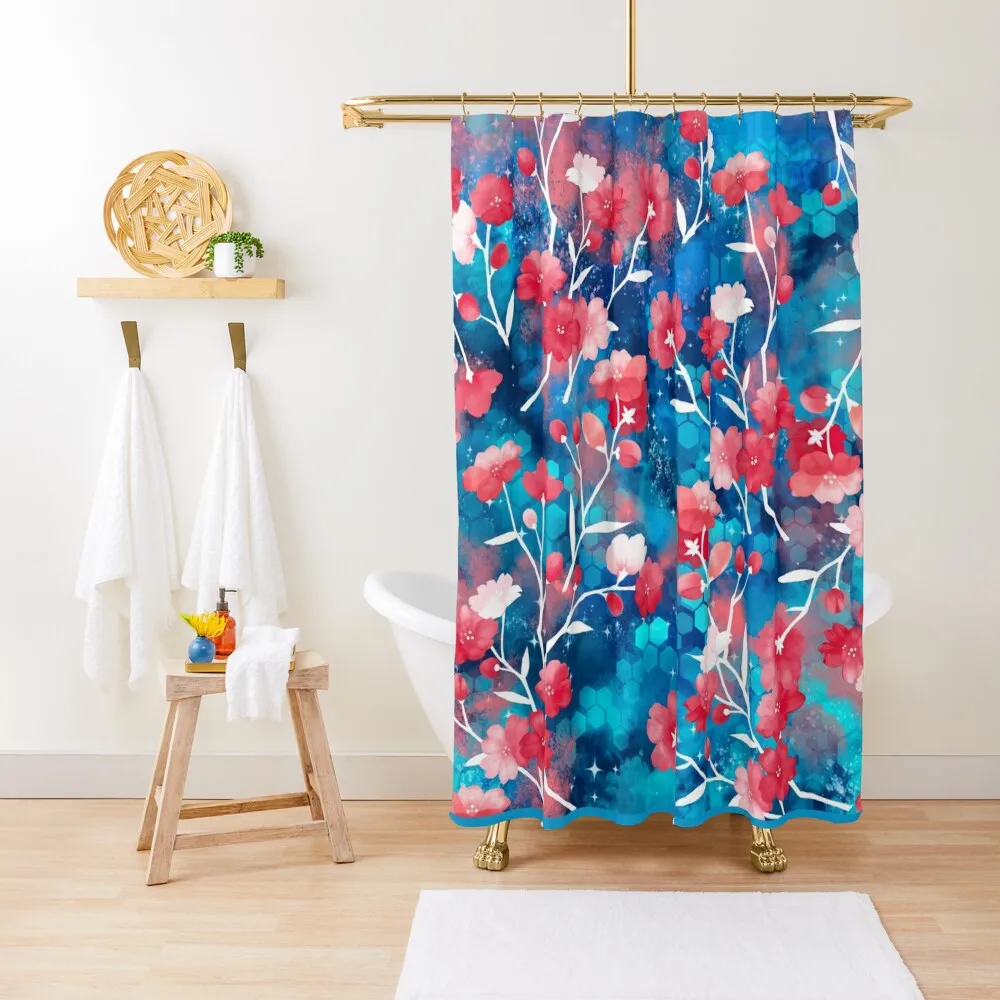 

Sakura Print red on blue Shower Curtain Modern Bathroom Accessories For Shower Cute Shower For Bathrooms Curtain