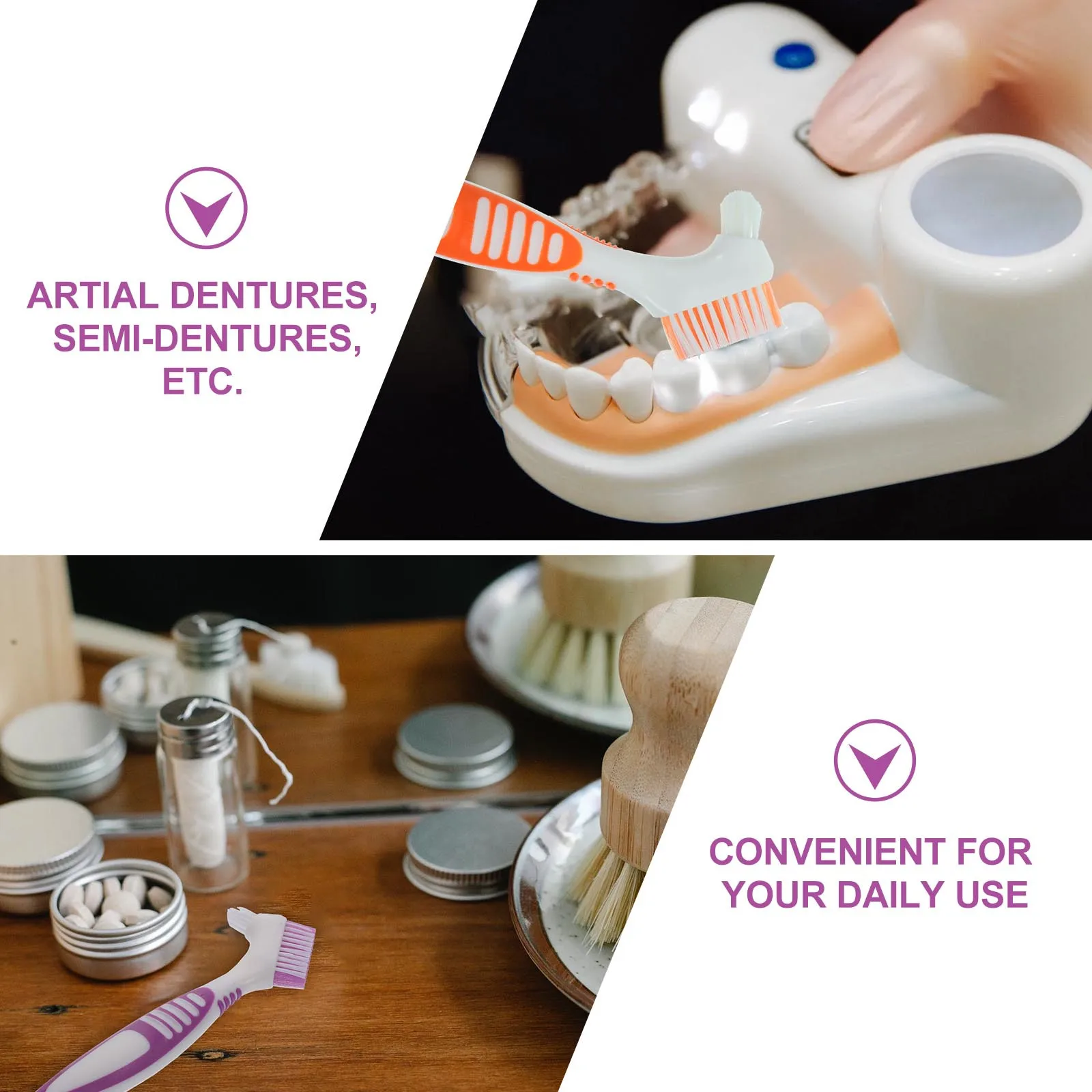 

4pcs Denture Brush Kids Color Rubberized Tpe False Teeth Cleaner Portable Double Sided Toothbrush Safe Durable Cleaning