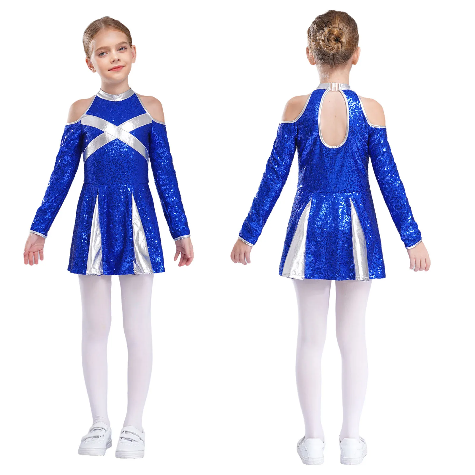 

Kids Girls Cheerleading Performance Dancewear Cold Shoulder Long Sleeve Keyhole Back Color Block Sequins Dress for School Show
