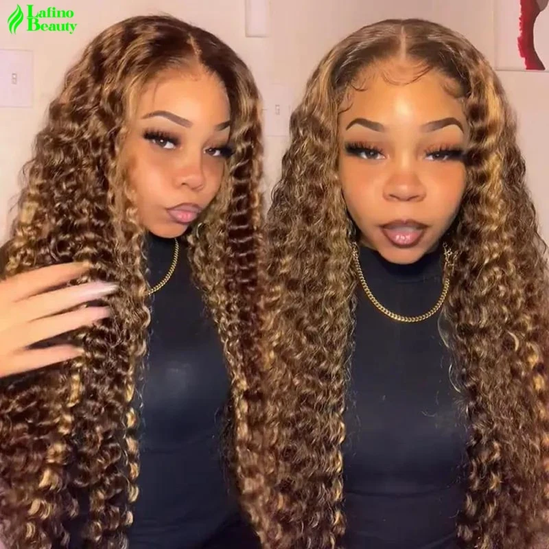 

Highlight Wig Human Hair Water Deep Wave Frontal Wig Blonde Honey Brown Curly Human Hair Wigs Colored 4/27 lace front wig