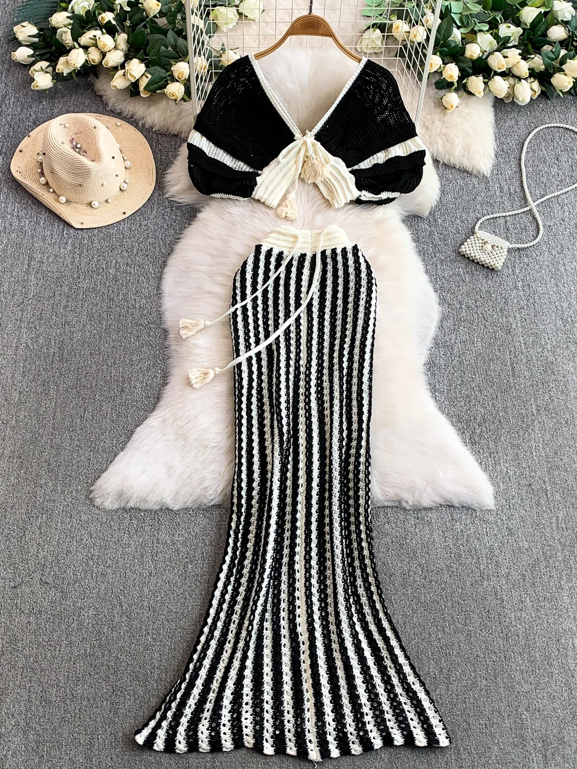 n Vaion Sle مثير V-Ne محبوك مع ذيل Fi طويل مجوف تصميم مكون من قطعتين مجموعة Ele ملابس غير رسمية للتاريخ #1