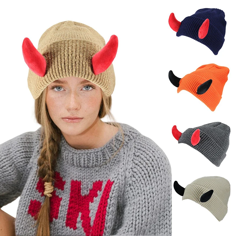 

New Devil Horn Hat Halloween Soft Knitted Beanie Warm Autumn Winter Funny Hip Hop Cap Men Women Outdoor Windproof Coldproof Hat