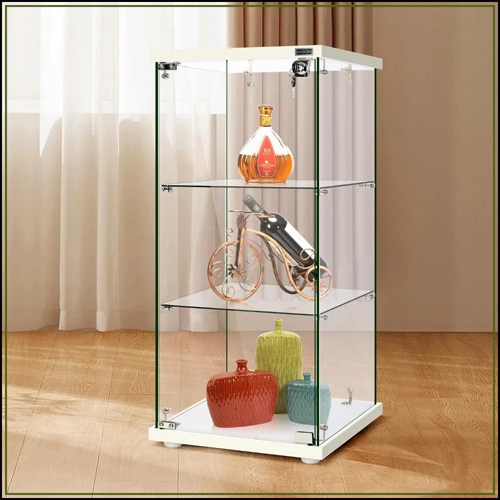 3-Layer Glass Display Cabinet 16x16x33 in Countertop Showcase with Lock Tempered Glass MDF Base