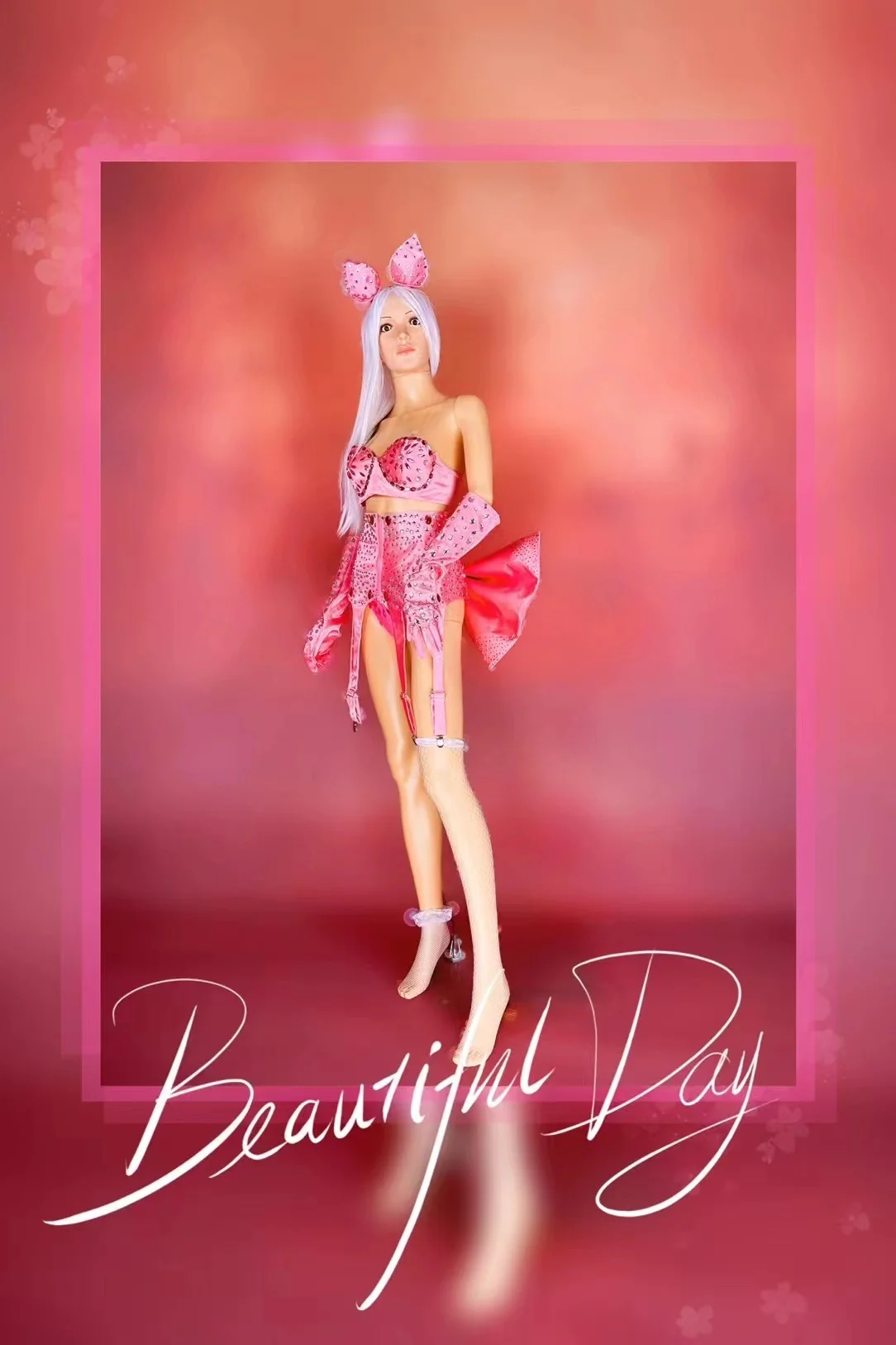 Sexy Pink Rhinestone Bikini Suit Pole Dance Costume Party Carnival Rave Outfit Nightclub Dancewear Drag Queen Costume VDB6406