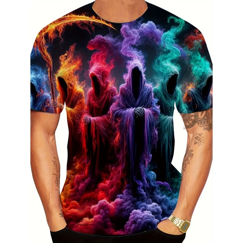 3D Printed Wolf Reaper T-Shirt For Men Color Gradient Pattern Tees Summer Casual Round Neck Short Sleeve Tops Street Tee Shirts