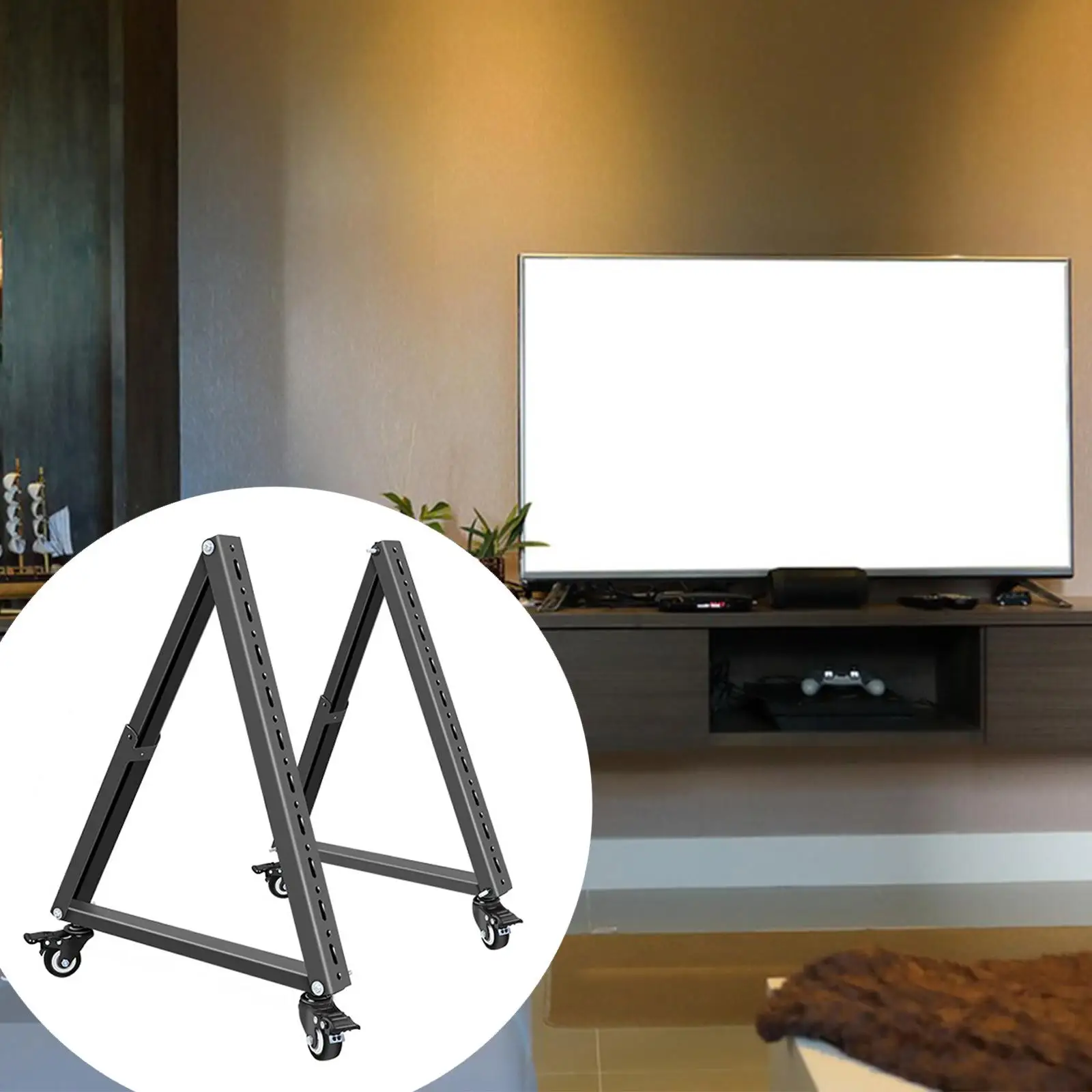 

Low Height Mobile TV Stand Black Adjustable Viewing Angle Steel Sturdy Max 75 kg Space Saving Mobile TV Mount Stand for Office