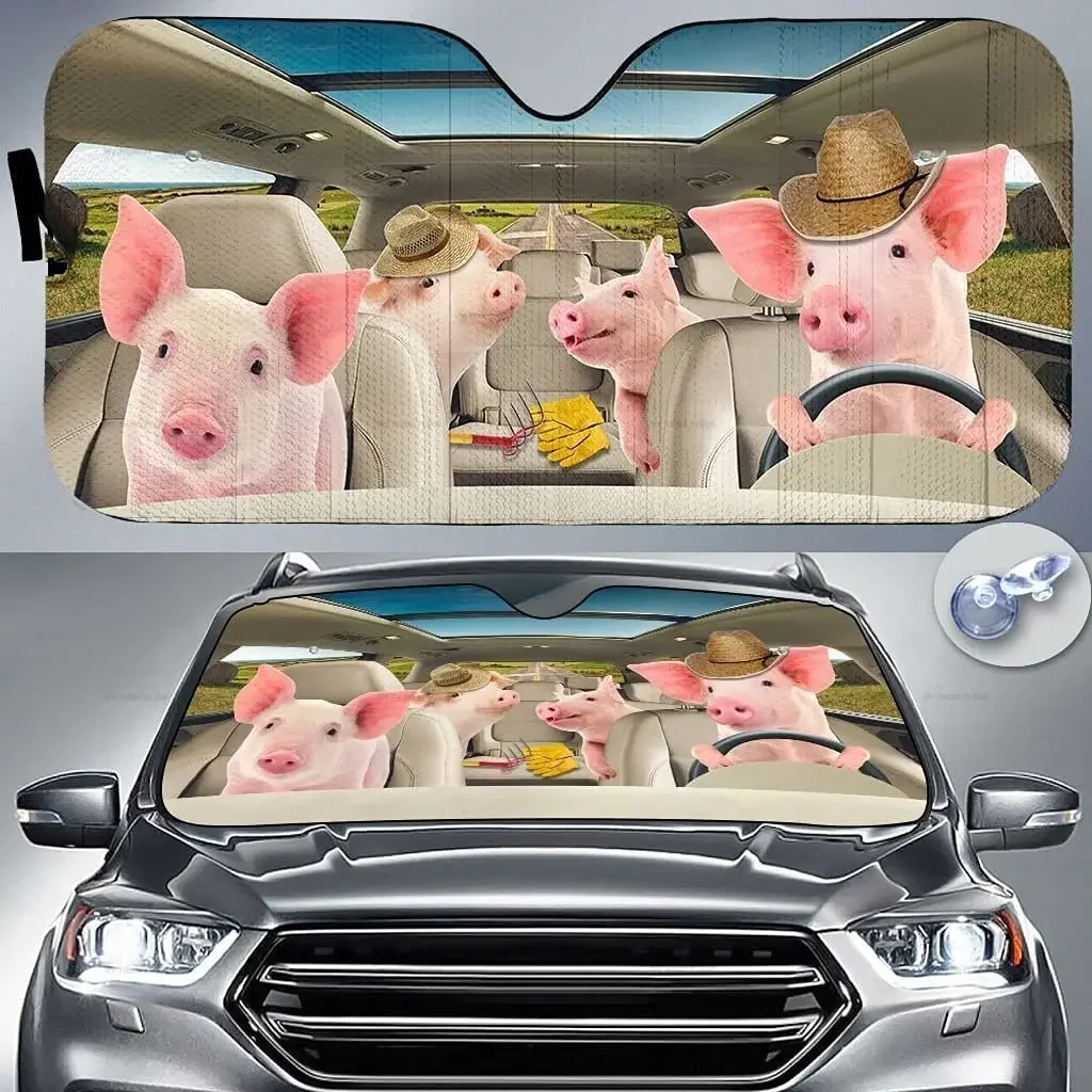 Funny Pig Family Driving On Summer Farm Animal Lover Car Sunshade Windshield Window, Gift for Pig Lover, Car Windshield Durable