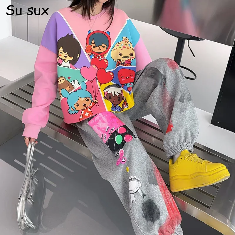 

Graffiti Cartoon Anime Print Oversized Pant Sets 2 Piece Woman Outfits Japanese Korean Fashion Pullover Sweatshirts Outwears