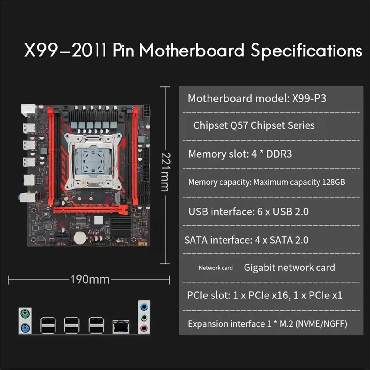 (A01R) X99 Motherboard X99 P3 LGA2011 Q57 Chipset Motherboard Gigabit Ethernet Supports 4x DDR3 RAM with M.2 NVME/NGFF Slots - view 2