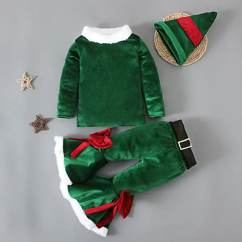 Ano novo traje de natal crianças conjuntos de roupas recém-nascidos inverno velo topos + calças + chapéus do bebê meninos meninas roupas papai noel outfit