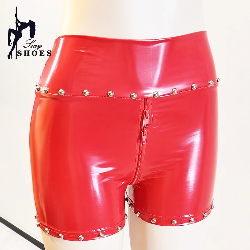 

Заклепки женские брюки с двойной молнией сексуальные готические женские блестящие кожаные шорты шорты фестиваль Rave Hot Girl Club уличная одежда