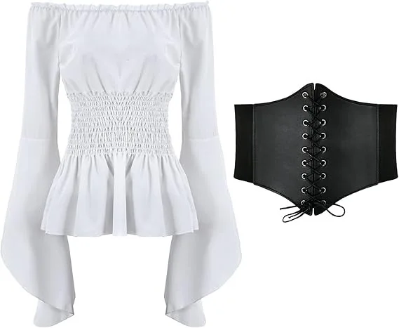 Women Renaissance Blouse Tops Corset Waist Medieval Victorian Off Shoulder Long Sleeve Shirt Pirate Cosplay Costumes Halloween