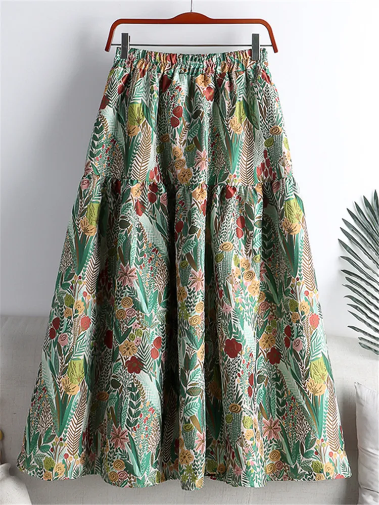 REALEFT 2022 Spring Embroidery Women's A-line Skirts Vintage High Waist Jacquard Mid-length Large Swing Umbrella Skirts Female