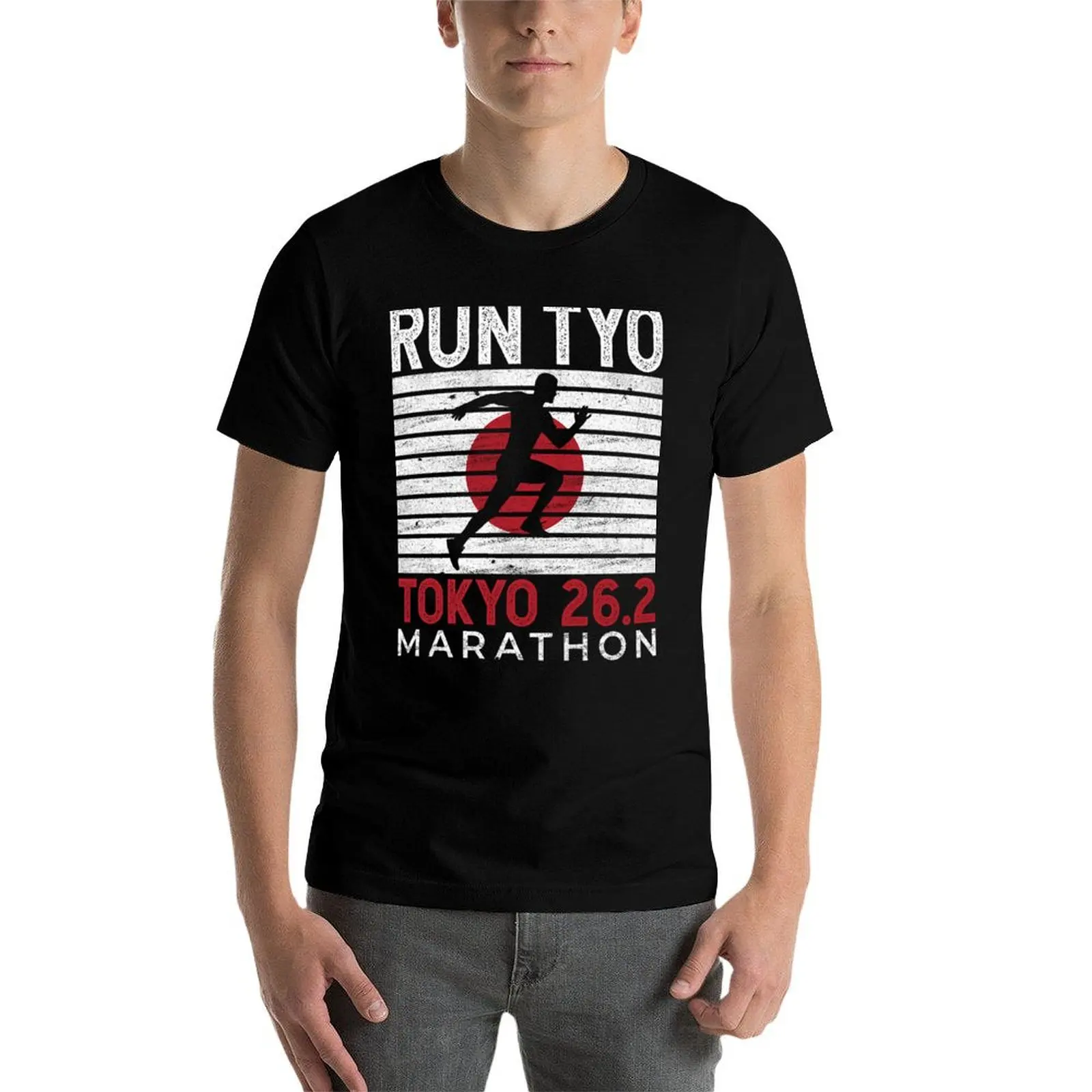 طوكيو ماراثون عداء خمر اليابان العلم الياباني المجهزة تي شيرت أسود ملابس رجالي #4